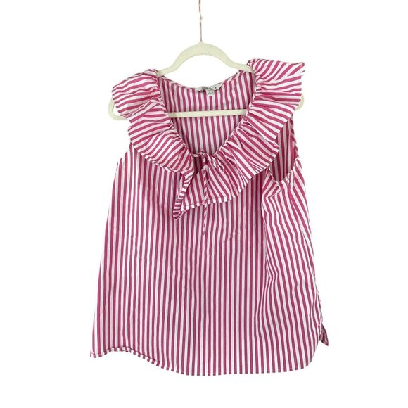 The Pioneer Woman Striped Sleeveless Ruffle Collar Top L Pink & White Nautical - Picture 1 of 6